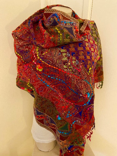 Hand embroidered wool scarf. Traditional patterned multicolor red. 419