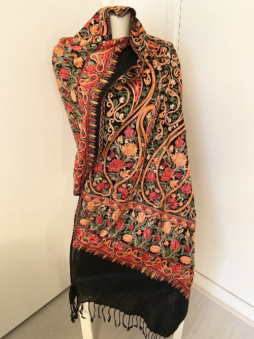 Hand Cashmere wool embroidered flower scarf  with multiple colors.401.