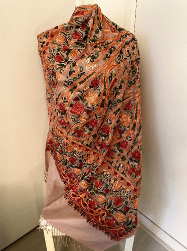 Hand Cashmere wool embroidered flower scarf with salmon color in multiple patterns.  402.