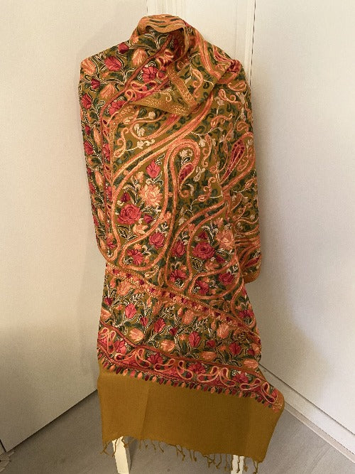 Hand Cashmere wool embroidered flower scarf with mustard color with multiple patterns.404