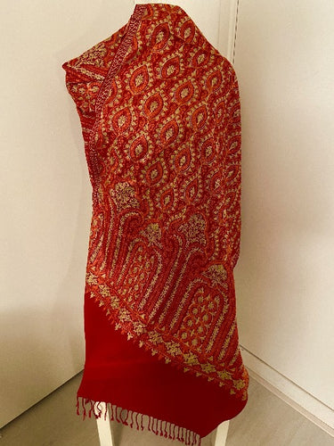 Hand embroidered wool scarf in red colors. 408