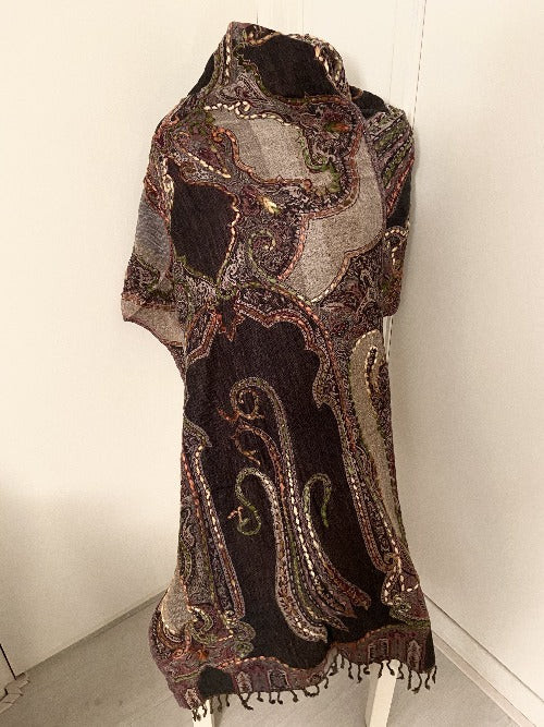 Hand embroidered wool scarf. Multicolor dark and light brown patterned. 432.