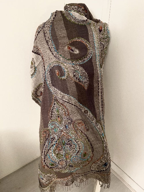 Hand embroidered wool scarf. Light and dark chocolate patterned. 428.