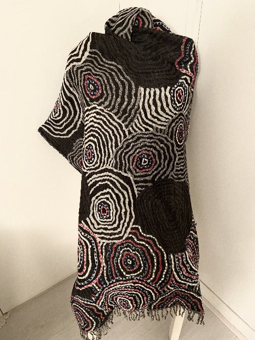 Hand embroidered wool scarf. Dark brown and white. with circle patterns. 427.