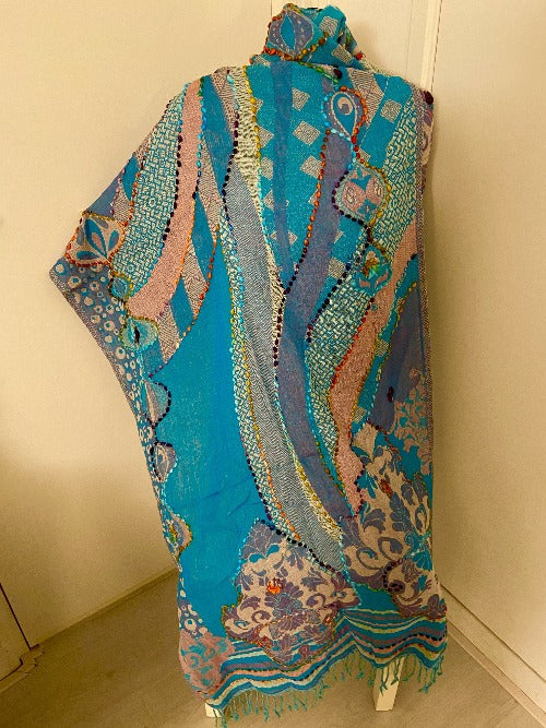 Hand embroidered wool scarf. Multicolor turquoise patterned. 426