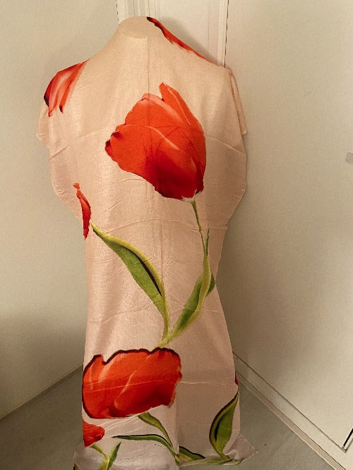Handcrafted Silk Scarf. Salmon, red coral with green and tulips. 459 Size: +- 195x80 cm.