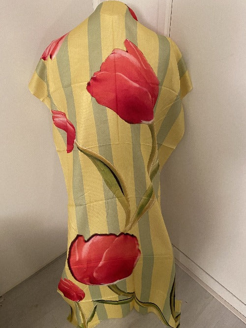 Handcrafted Silk Scarf.Light yellow, light green with red coral and tulip flowers.,458 Size: +- 195x80 cm. 