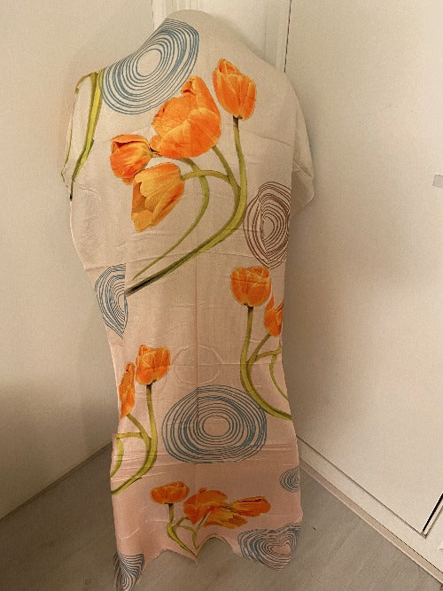 Handcrafted Silk Scarf. Orange, salmon, mostard and baby blue. with circle patterns  and tulips.  457 Size: +- 195x80 cm. 