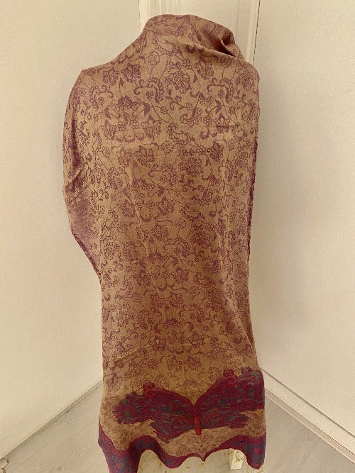 Handcrafted Silk Scarf. Colour: Red, purple with light gold and patterns. 468 Size: +- 200x80 cm. 