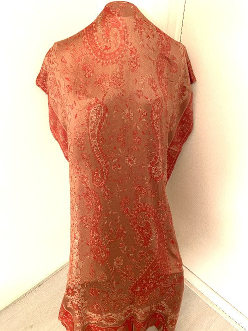 Handcrafted Silk Scarf. Colour: Coral red and deep gold with patterns. 463.  Size: +- 200x80 cm. 