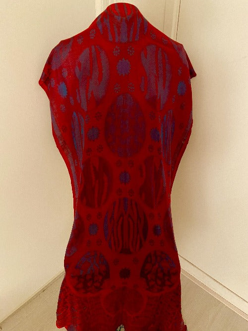 Handcrafted Silk Scarf. Coral red and dark blue  with Patterns.461  Size: +- 200x80 cm. 