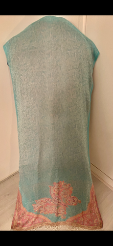Handcrafted Silk Scarf With Patterns. Colour: Aqua marine with mixed colour band. 484. Size: +- 200x80 cm. 