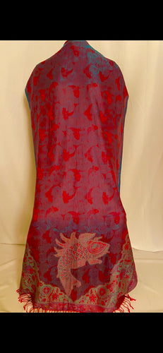 Handcrafted Silk Scarf With Patterns. Colour: Bordeaux red with japanese carp. Size: +- 200x80 cm. 