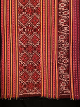 Load image into Gallery viewer, Handcrafted Ikat  professionally woven cotton of the highest grade.  Info: You Can Use a Scarf,Blanket. bordeaux red and yellow lines with multiple patterns and black stripes. 449  Size:180x200cm

