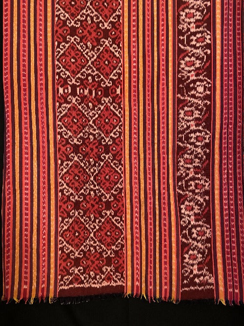 Handcrafted Ikat  professionally woven cotton of the highest grade.  Info: You Can Use a Scarf,Blanket. bordeaux red and yellow lines with multiple patterns and black stripes. 449  Size:180x200cm