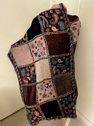 Hand embroidered wool scarf. checkered multicolor. 411.