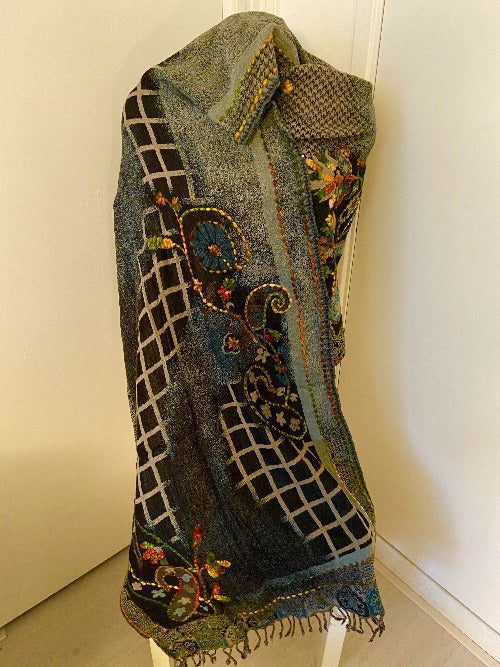 Hand embroidered wool scarf. multicolor green. 414