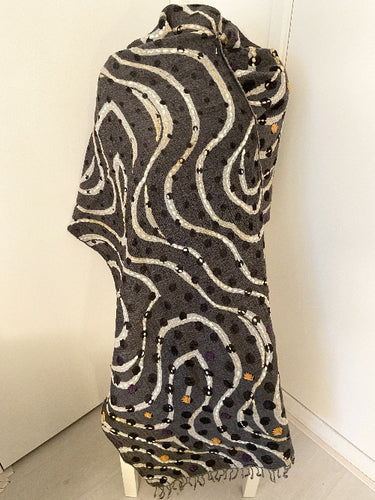 Hand embroidered wool scarf. Black and white striped. 416