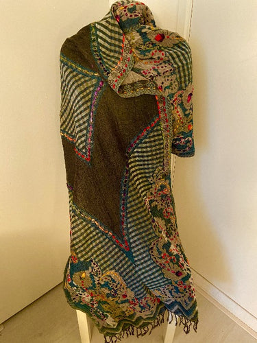 Hand embroidered wool scarf. Green and brown with patterns. 417