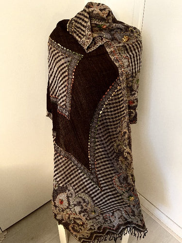 Hand embroidered wool scarf. Dark brown checkered with patterns. 418